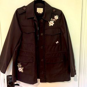 Kate spade ruffle trim black embroidered cargo jacket size S